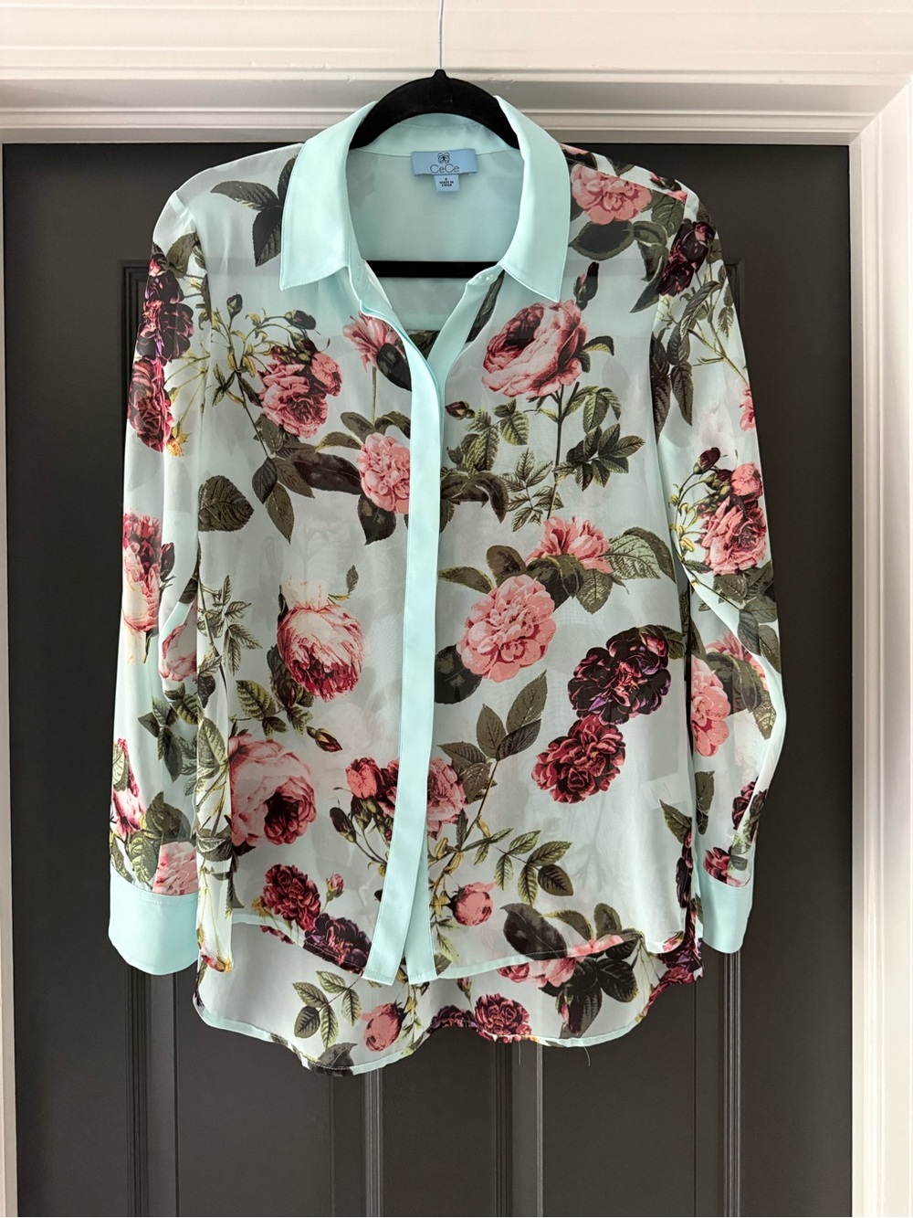 CeCe Pale Aqua Floral Print Semi-Sheer Button-Up Blouse